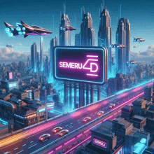 a futuristic city with a neon billboard that says semeru 4d