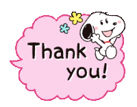 a pink thank you speech bubble with snoopy on it