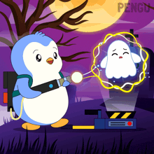 a penguin is holding a light and a ghost is coming out of it with the word penguin on the bottom