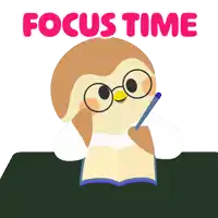 a cartoon owl is sitting at a desk with a book and a pen and the words focus time above it