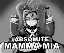 a black and white drawing of a girl with the words absolute mamma mia on the bottom