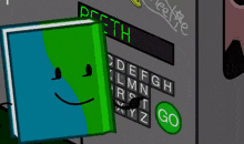 a book with a face is standing next to a keyboard that says alphabet