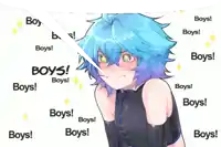 a girl with blue hair is surrounded by boys stickers