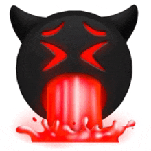 a black devil emoji with horns and blood coming out of its mouth