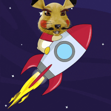 a cartoon rabbit is flying on a rocket