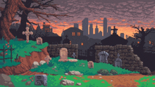 a pixel art illustration of a cemetery with a city in the background