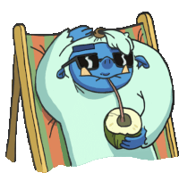 a cartoon character is sitting in a chair drinking a coconut through a straw