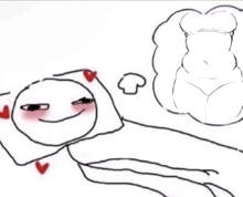 a drawing of a stick figure laying on a bed with a thought bubble about a woman 's torso .