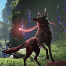 a fox in a video game with a glowing object in its mouth