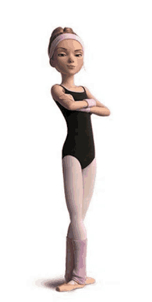 a cartoon ballerina is standing with her arms crossed and wearing a black leotard and pink leg warmers .