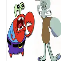 crab and squidward from spongebob squarepants are standing next to each other on a white background