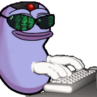 a purple cartoon character wearing sunglasses is typing on a computer keyboard