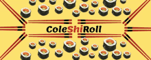 a collage of sushi rolls and chopsticks with coleshiroll written in the middle