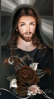 a painting of jesus with long hair and a beard surrounded by brown roses .