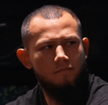 a close up of a man 's face with a beard and a black shirt .