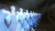 a row of ghostly figures in blue robes are standing in a dark room