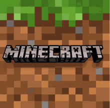 a minecraft logo is displayed in front of a pixelated background