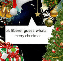 a sign that says ok liberal guess what merry christmas surrounded by christmas decorations