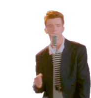 a man in a suit is singing into a microphone on a white background .