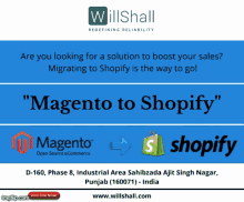 an advertisement for willshall redefining reliability with a laptop and magento