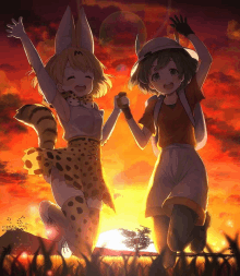 a couple of anime characters jumping in the air with a sunset in the background