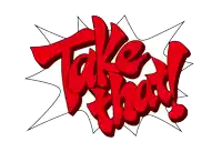 a white background with red letters that say take that