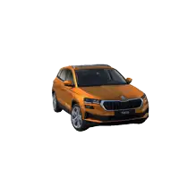 an orange car with the word skoda on the front