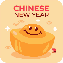 a chinese new year greeting card with a gold ingot with a smiley face on it