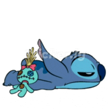 a cartoon of stitch laying down with a stuffed animal on his head