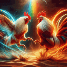 two roosters are standing next to each other and their wings are spread