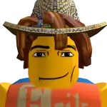 a lego man wearing a cowboy hat and a red shirt