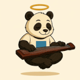 a cartoon of a panda bear playing a guitar with an angel halo above his head
