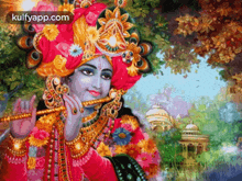 a painting of krishna playing a flute with the website kulfyapp.com in the bottom right corner