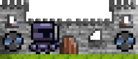 a pixel art drawing of a castle with a purple knight standing in front of it