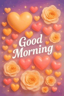 a purple background with hearts and roses and the words good morning