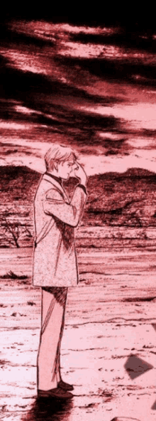 a drawing of a man standing in a field with a pink sky in the background