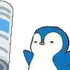 a blue and white penguin is holding a saw and waving .