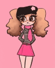 a cartoon girl is wearing a beret and a pink dress .