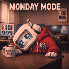 a robot sitting at a desk with a mug that says coffee first on it