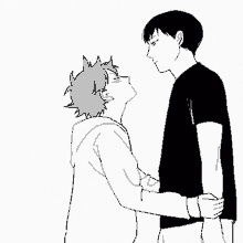 a black and white drawing of two young men hugging each other