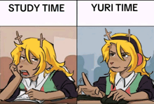 a cartoon of a girl with antlers and the words study time and yuri time below her