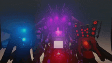 a group of robots are standing next to each other in a dark room with purple and red lights .