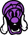 a purple and black cartoon character with a beard and a hat .