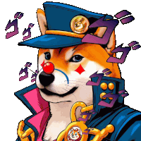 a dog wearing a blue hat and a jacket with a doge coin on it