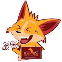 a cartoon of a fox with a real deal logo behind it