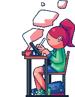 a cartoon drawing of a girl sitting at a desk