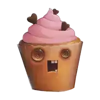 a cupcake with pink frosting and chocolate hearts on top has a surprised look on its face