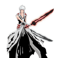 a man in a black and white outfit is holding a red sword