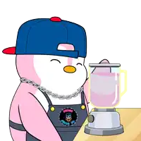 a cartoon of a penguin wearing a blue hat and overalls with a logo that says pingo