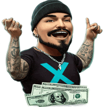 a man in a black shirt with a blue x on it is holding a stack of 100 dollar bills